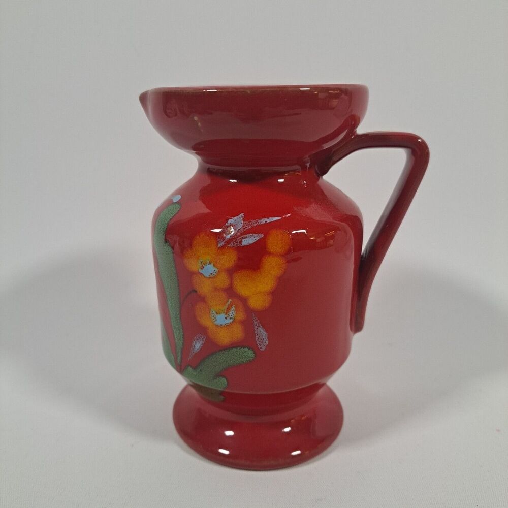 VTG Inarco Italy Red Pottery Creamer Vase Pitcher Handle Flower Design 5"